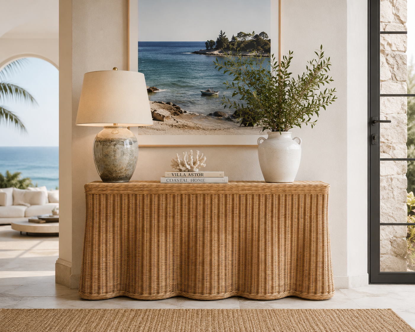 Rattan Scalloped Console Table